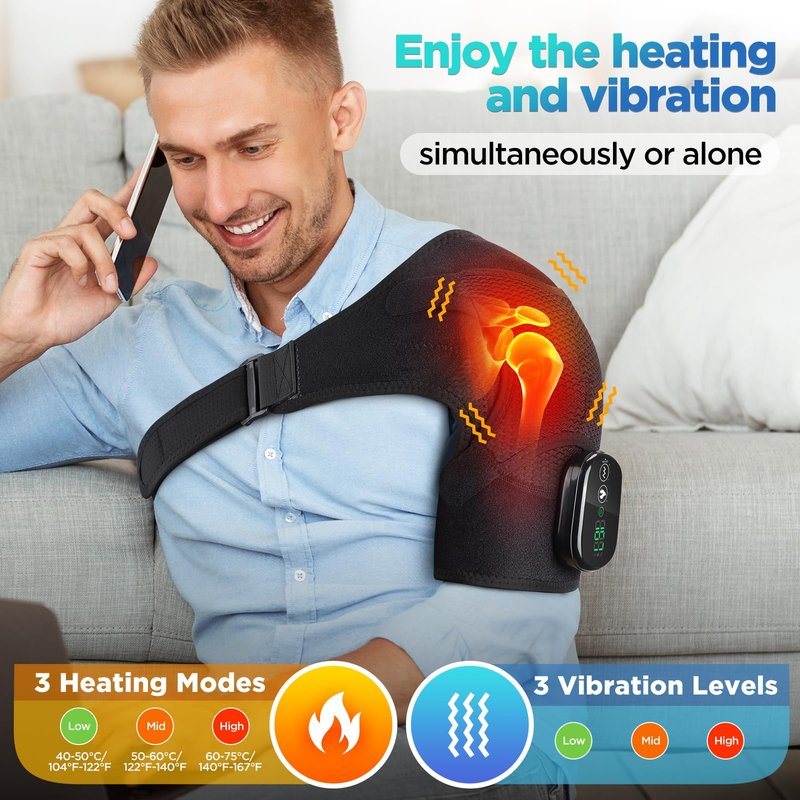 FAMILY‎ HEALTH Cordless Portable Shoulder Heating Pad & Massager, Heating Vibration Shoulder Wrap, Shoulder Brace for Pain Relief, Rotator Cuff Support for Men & Women, Black