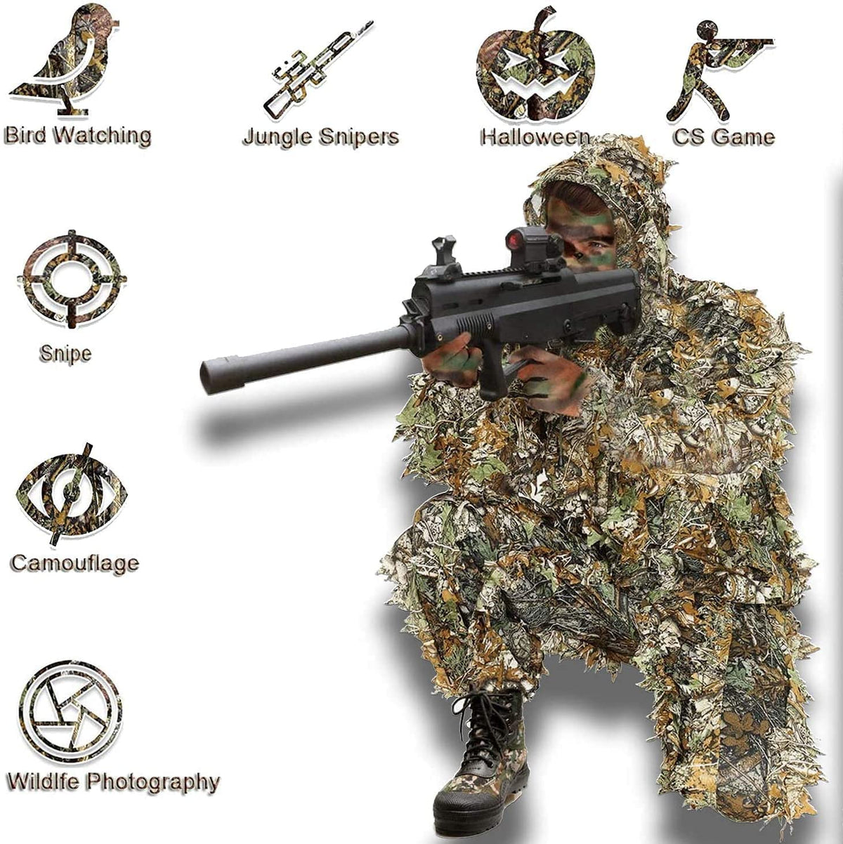 Monfasye Ghillie Suit, 3D Leafy Camo Hunting Suits Breathable Woodland Gillies Costume Jungle Clothing (XL/XXL)