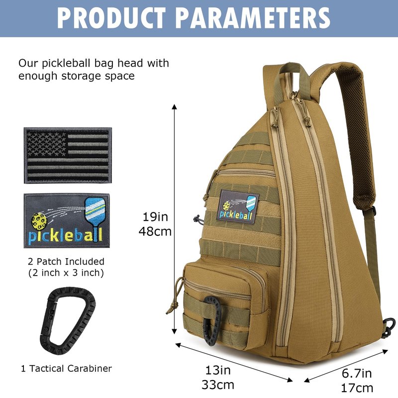 SunForMorning Pickleball Bag, Tactical Pickleball Backpack for Women Men, Adjustable Sling Bag with Fence Hook Water Bottle (Includes 2 Patches+1Carabiner), Brown