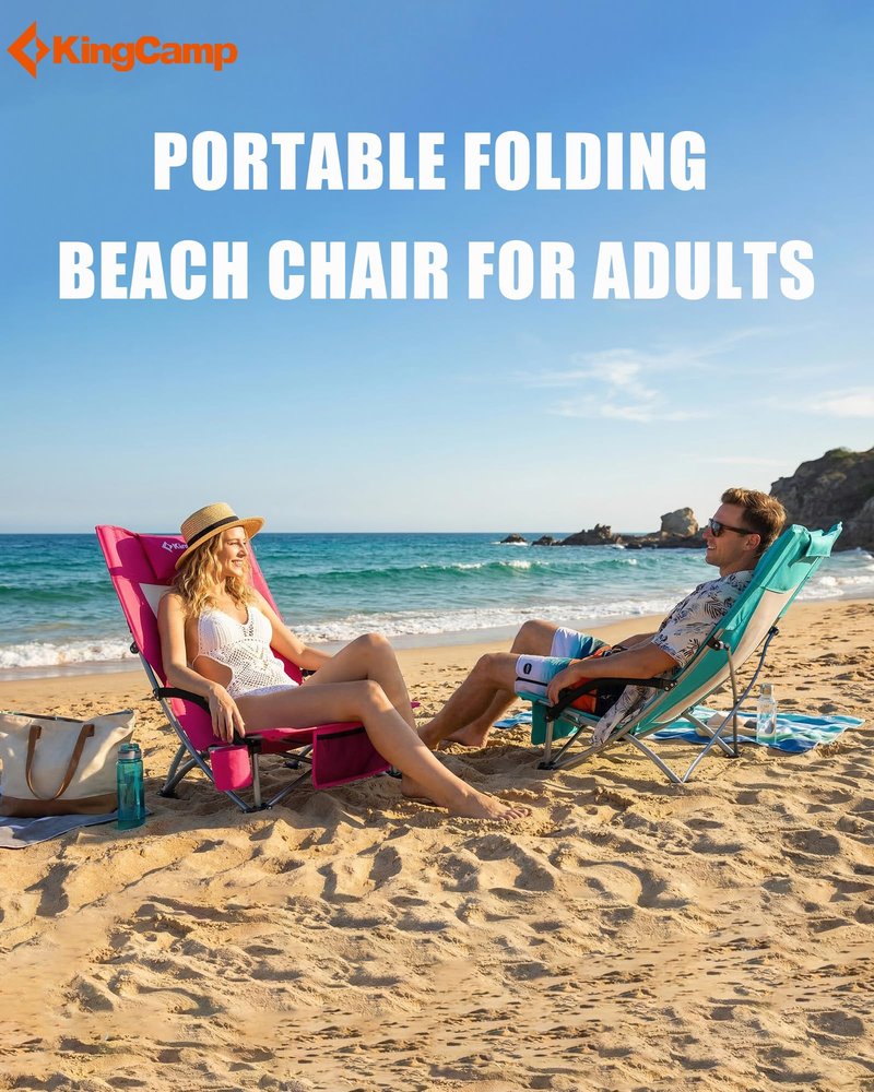KingCamp Low Beach Chairs 2 Pack, Folding Portable Chair for Adults Lightweight Extra Wide Ergonomic Seat 300lbs Heavy Duty Oversized Backpack Gear with Carry Bag for Outdoor Lawn Camping Picnic