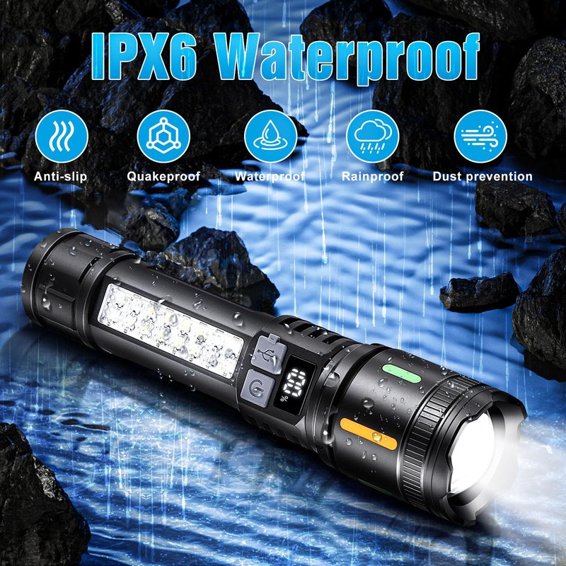 Ciwuzxs Rechargeable LED Flashlights High Lumens 3000LM Super Bright Tactical Flashlight with Cob Sidelight, 5 Light Modes, IPX6 Waterproof, Powerful Handheld Flash Light for Camping (2, Small)
