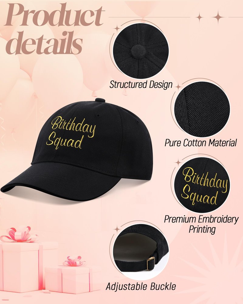Jecery 6 Pcs Birthday Squad Hats Cap for Women Men, Birthday Queen Squad Party Baseball Cap Adjustable for Party Favor (Black,White)