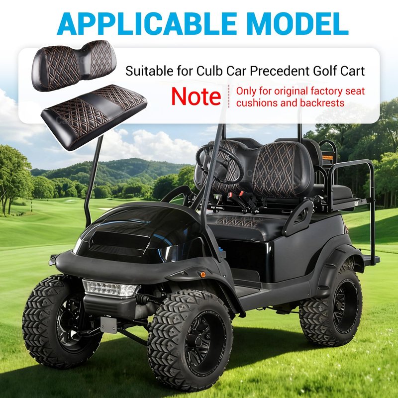 CartClan Golf Cart Seat Covers Suitable for Club Car Precedent Standard Front Seat Cushion, Golf Cart Front Seat Covers Kit No Drilling & Waterproof (Black PVC Leather & Brown Stitching)