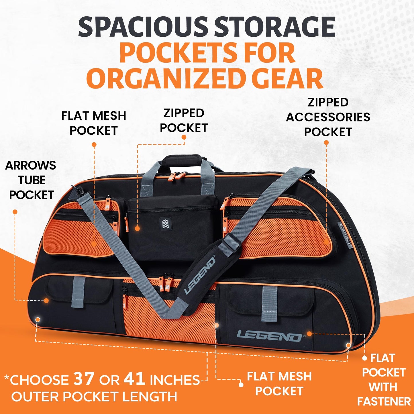 Legend Apollo Soft Bow Case for Compound Bow - Compound Bow Case with Multiple Storage & Foam Padding, Lightweight Bow and Arrow Case for Archery Accessories, Premium Bow Bag - 44" Black/Orange