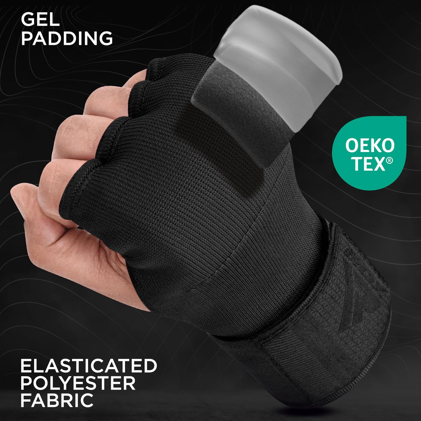 RDX Gel Boxing Hand Wraps Inner Gloves Men Women, Quick 100cm Long Wrist Straps, Elasticated Padded Fist Under Mitts Protection, Muay Thai MMA Kickboxing Martial Arts (Full Black, S)