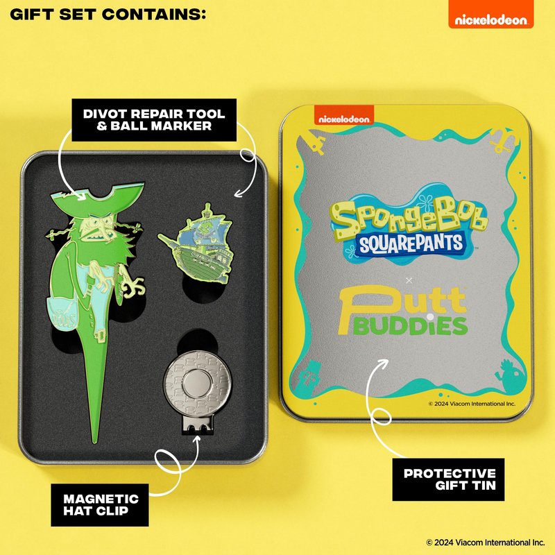 PuttBuddies Spongebob Squarepants Spongebob Flying Dutchman Divot Tool and Ball Marker – Magnetic Collectible Golf Gift Set with Hat Clip & Tin for Golfers