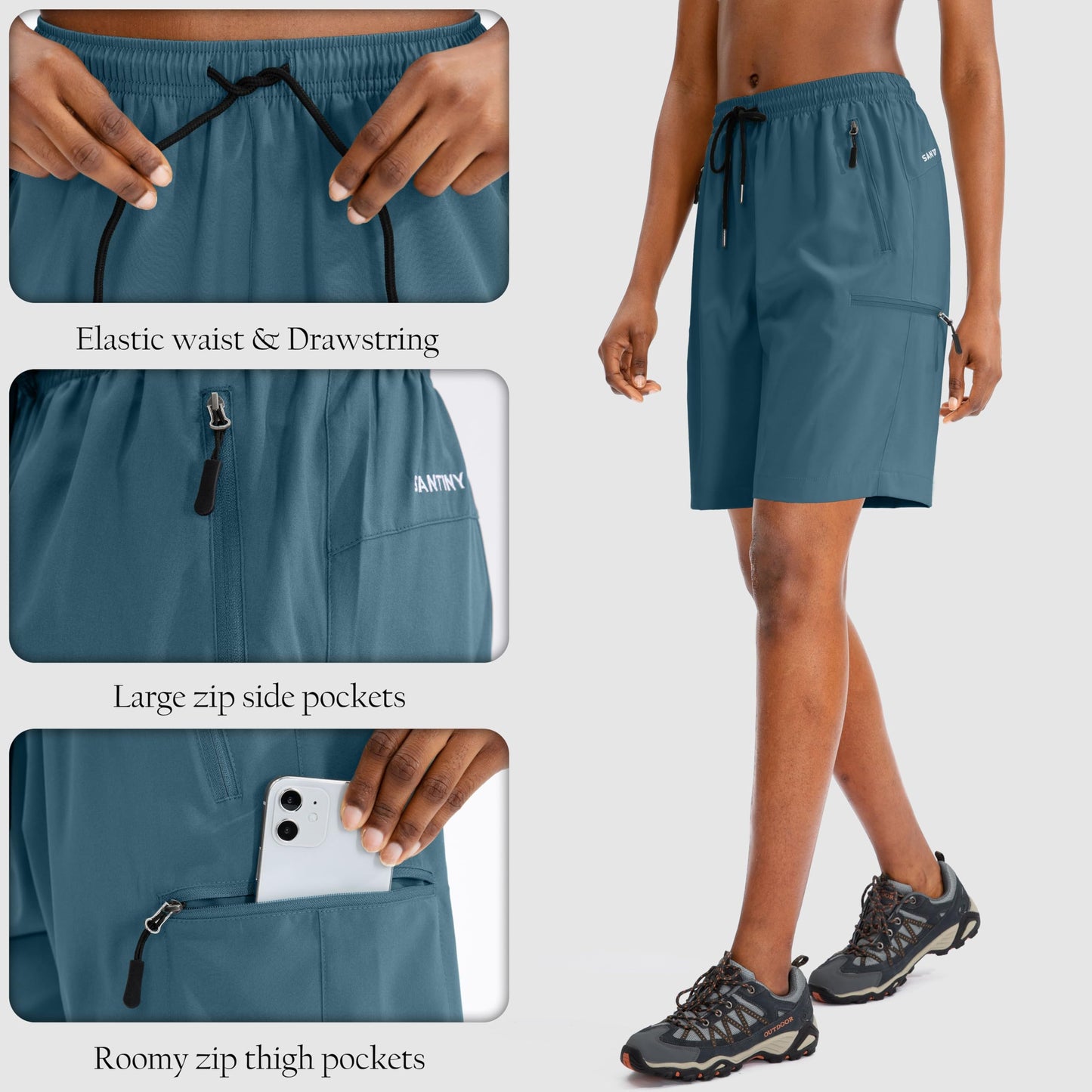 SANTINY Women's 5''/ 7''/9'' Hiking Cargo Shorts Quick Dry Lightweight Summer Shorts for Women Athletic Golf Zipper Pockets(Dusty Blue_L)