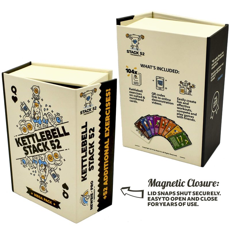 Stack 52 Kettlebell Exercise Cards. Workout Playing Card Game. Video Instructions Included. Learn Kettle Bell Moves and Conditioning Drills. Home Fitness Training Program. (2019 Mega Pack)