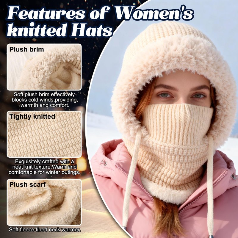 3 in 1 Beanie Hat with Scarf and Mask,Beanie Hat for Women,Winter Warm Knitted Ski Scarf&Mask Set,Face Cover&Neck Gaiter(Gray,1pc)