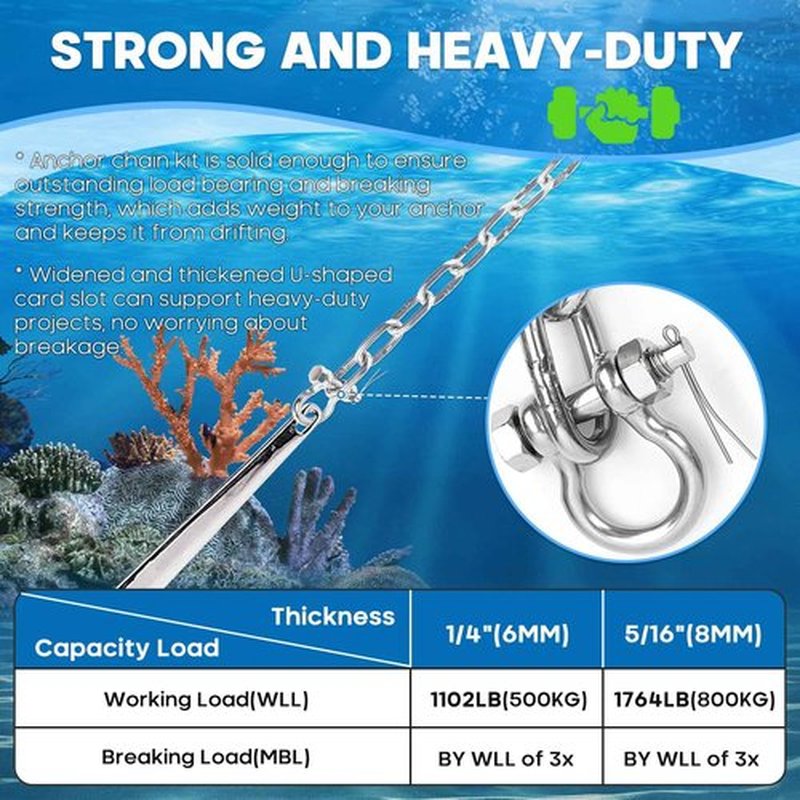 hannger 5/16" x 10' Anchor Chain Kit, 316 Stainless Steel Marine Grade Boat Anchor Chain, Heavy-Duty Anchor Lead Chain w/ 2 Pcs Anti-Off Double Shackle Link Ends for Boat, Pontoon, Deck, Fishing