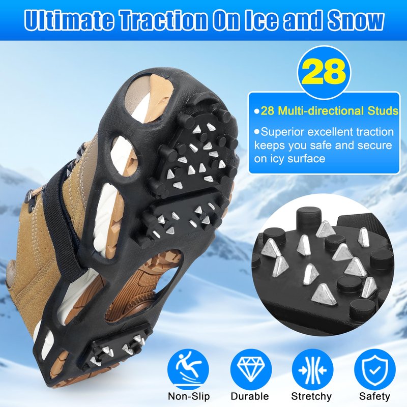 Ice Cleats, Crampons Ice Cleats for Shoes and Boots Men Women Kids,Non Slip 28 Steel Shoe Spikes for Snow and Ice Traction Snow Cleats Grippers for Winter Walking Hiking Fishing