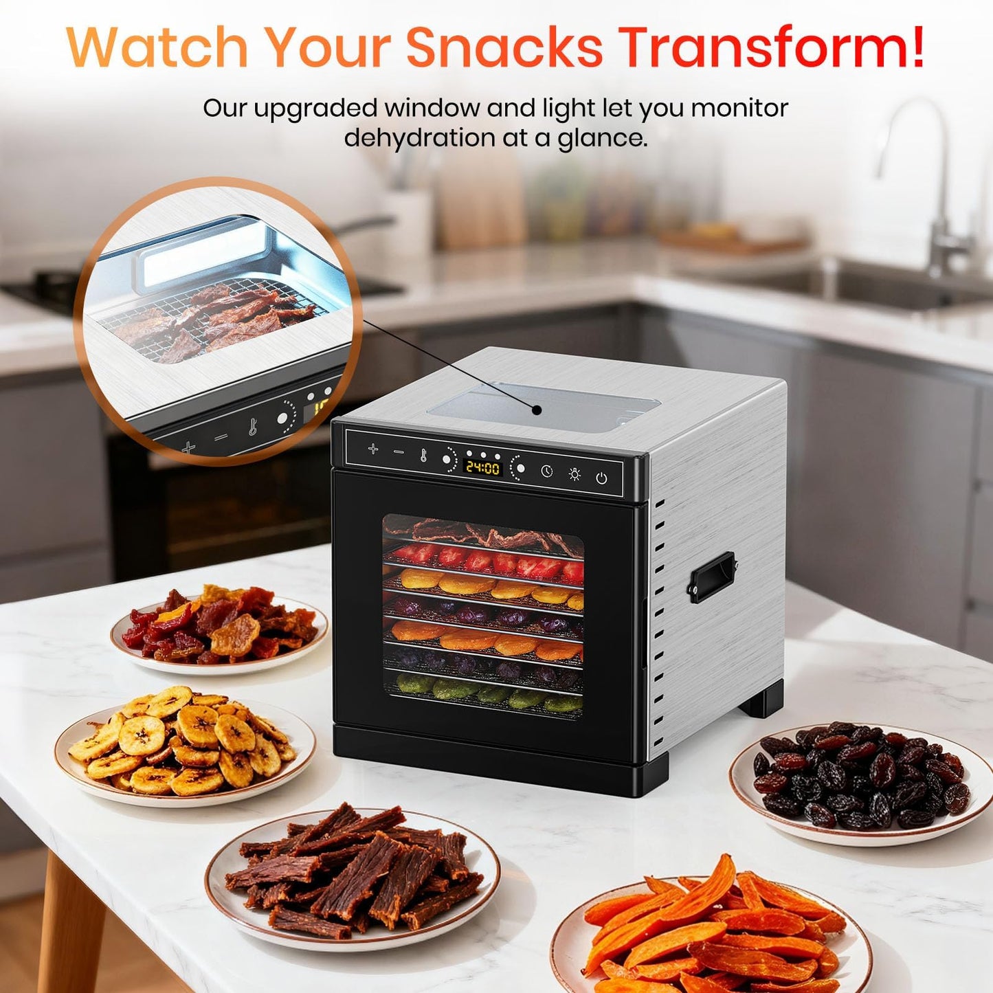 8-Tray Food Dehydrator, 400W, Stainless Steel, 195°F & 24H Time Control