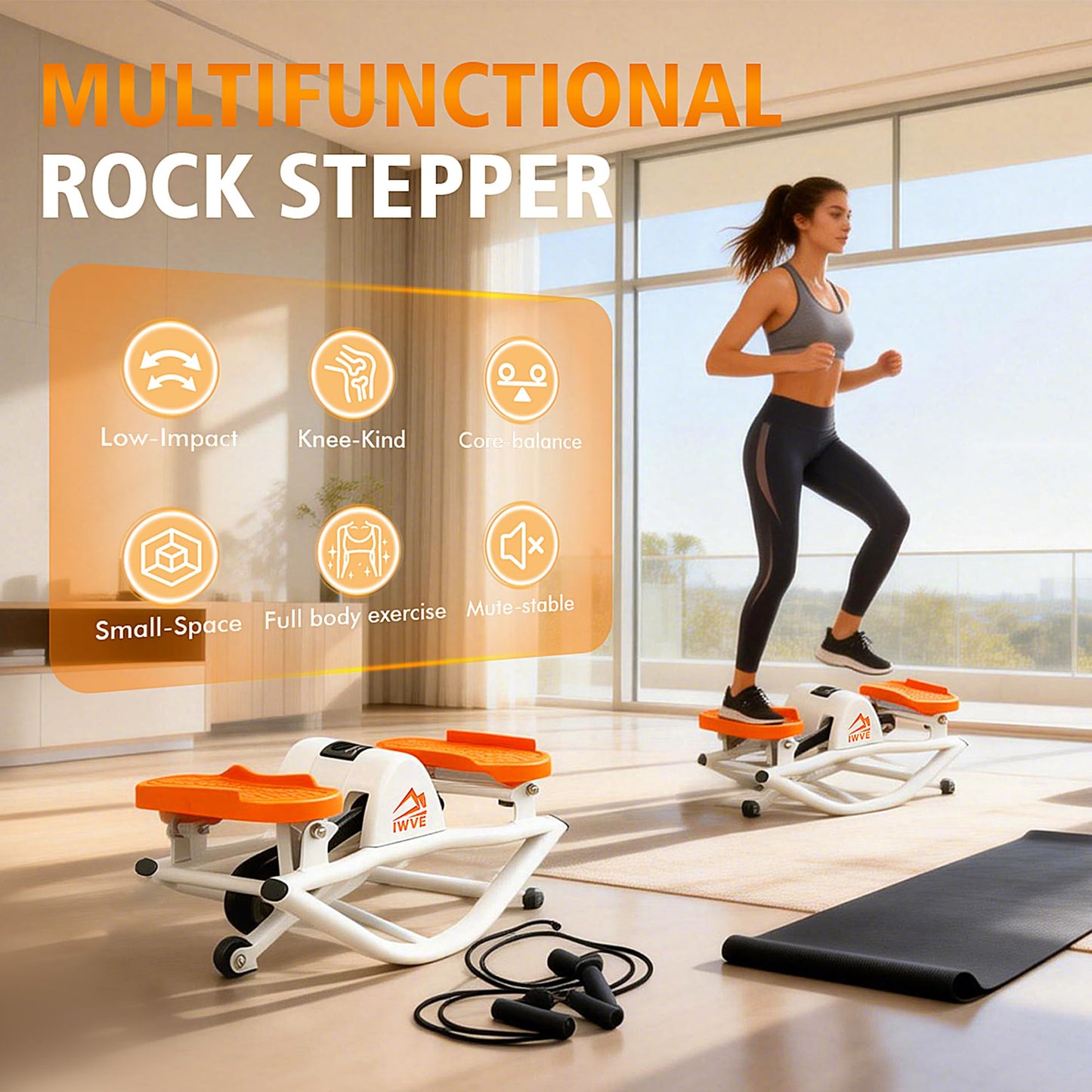 IWVE Rocking Stepper for Exercise at Home, Side-to-Side 3D Motion Stair Machine with Resistance Bands, Quiet Low-Impact Cardio Trainer, 380 lb Capacity