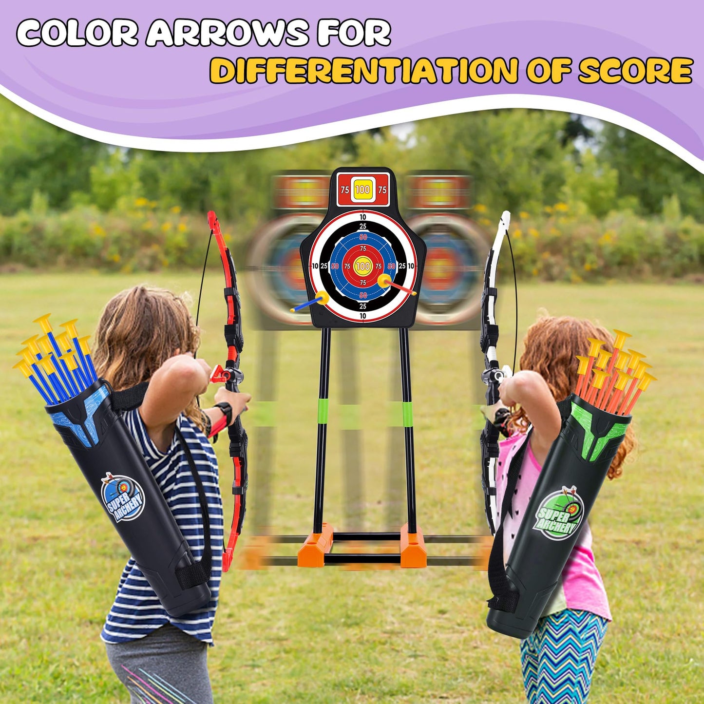 2 Pack Bow and Arrow Set with Moving Standing Target& 2 Colors 20 Suction Cup Arrows, Light Up Archery Toys for Kids age 4-12 Years Old Boys Girls Indoor and Outdoor, Birthday Gifts Christmas ideas