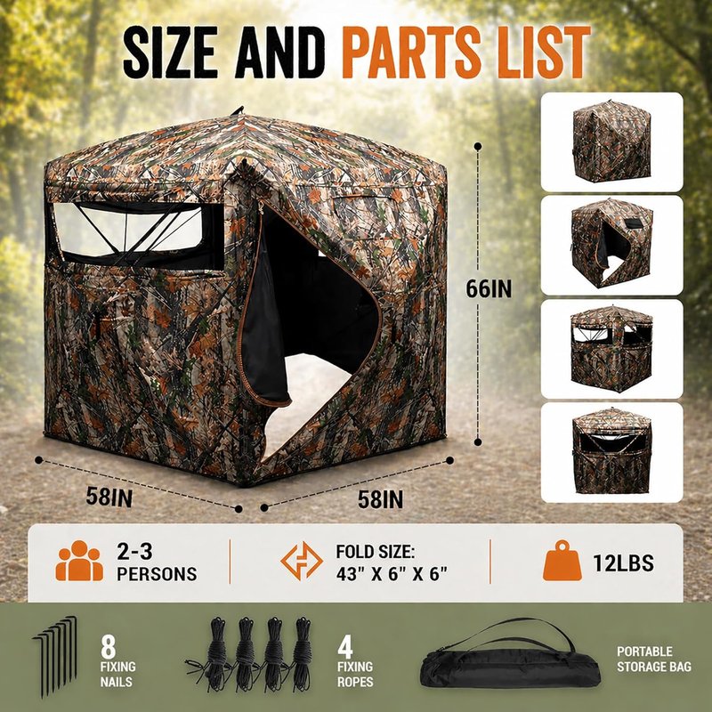 Hunting Blind - 270/360° See-Through Camouflage Tent for 2-3 People | Easy-Fold Portable Shelter with Carrying Bag