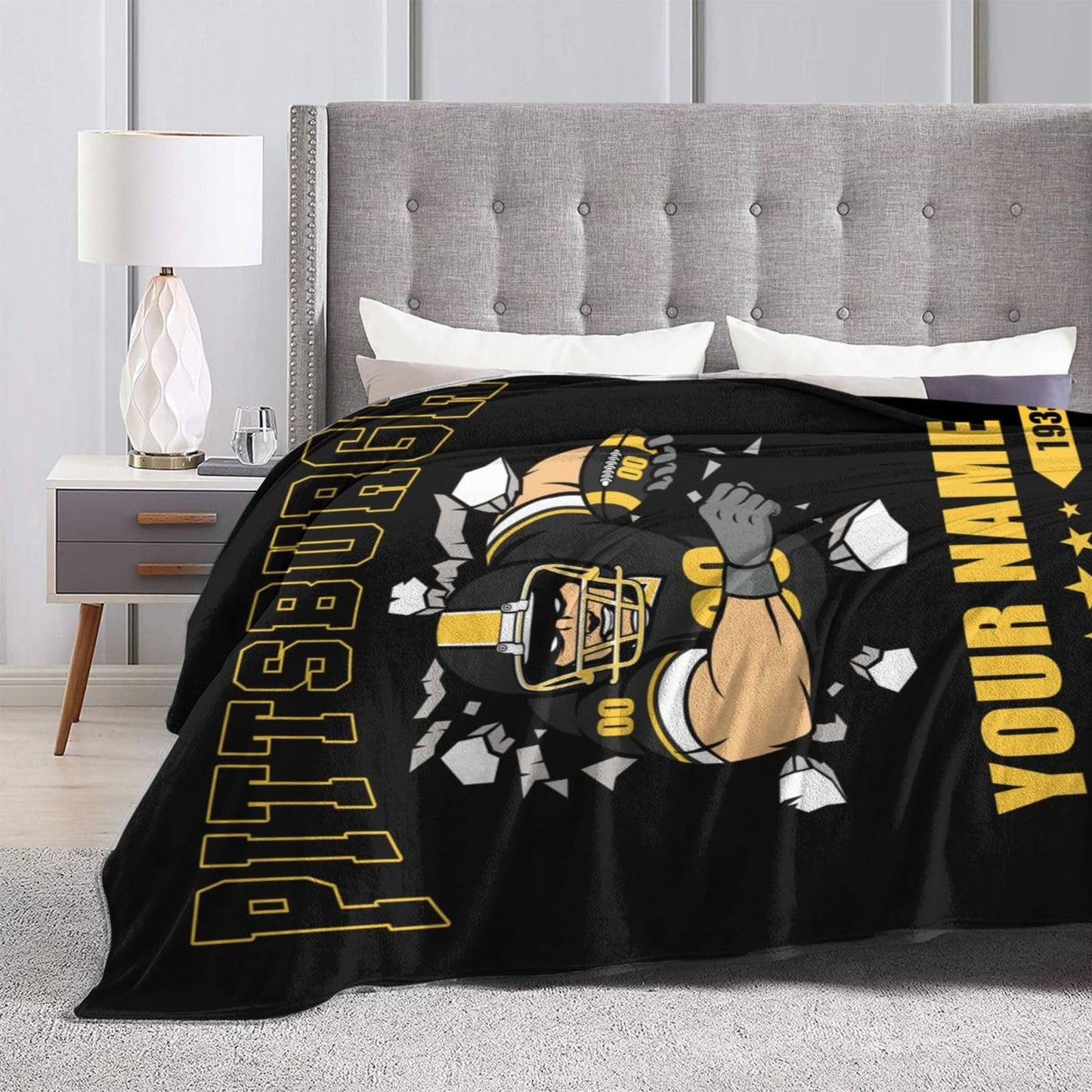 Personalized Pittsburgh Blanket with Name Number Custom Football Throw Blankets Customized Flannel Blanket Fan Gifts for Men Women Boy Decor for Couch, Bed, Sofa 30"x 40",40"x50", 50"x60", 60"x80"