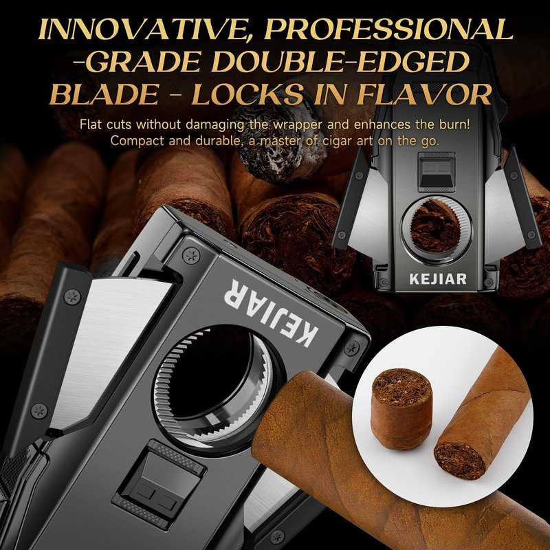 KEJIAR Cigar Lighter, Double Jet Torch Lighter, Built-in Punch, Double Edge Cigar Cutter and Holder, Refillable Butane Lighter, Ideal Cigar Accessories for Men Gift (Grey)