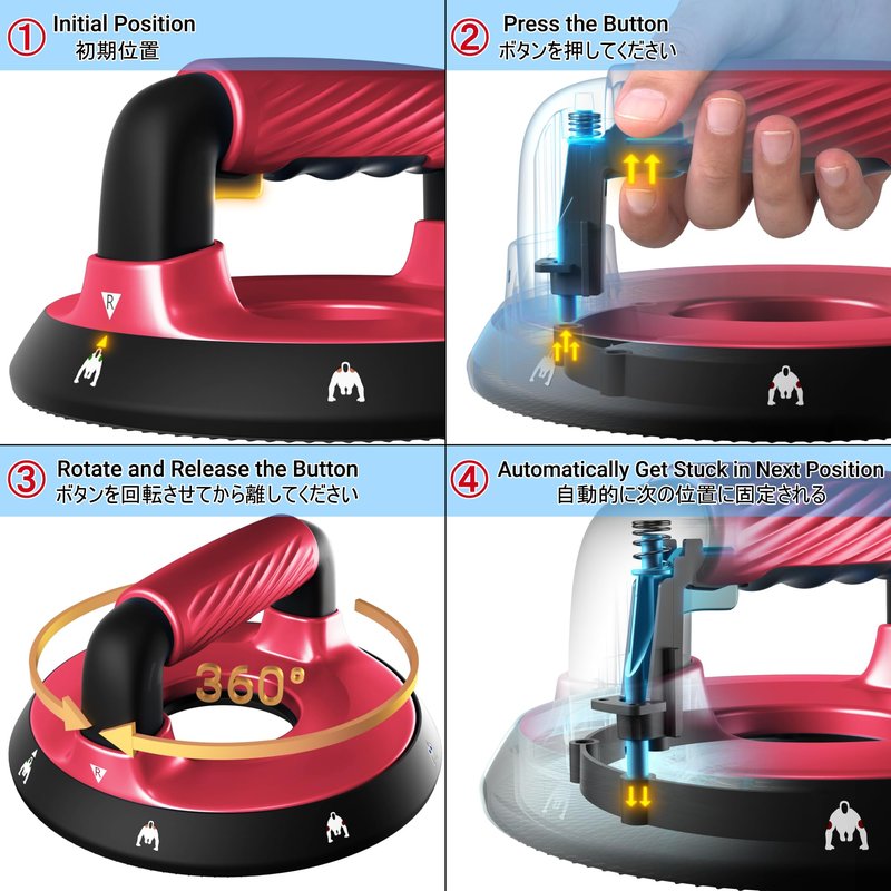 READAEER 360° Rotatable and Positionable Push Up Bars，Rotating Handle Design with Bearings for Smooth, Effortless for a Wider Range of Motion, Handle Rotation, Wide Grips with Non-Slip Rubber Pads for Comfort Exercise(Red)