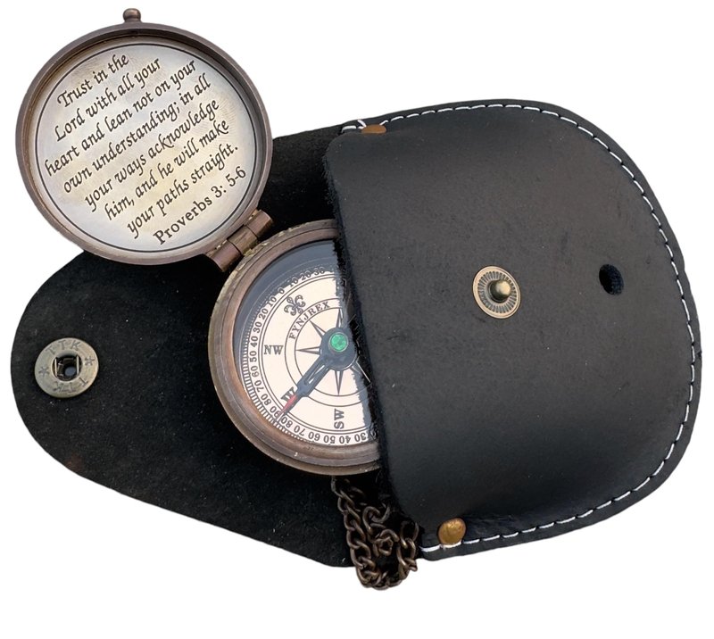Proverbs 3: 5-6 Engraved Compass Gift for Men, Trust In The Lord Inscription Compasses Graduation Gift, Confirmation Gift, Baptism Religious Gift, Communion Survival Brass Compass With Leather Case