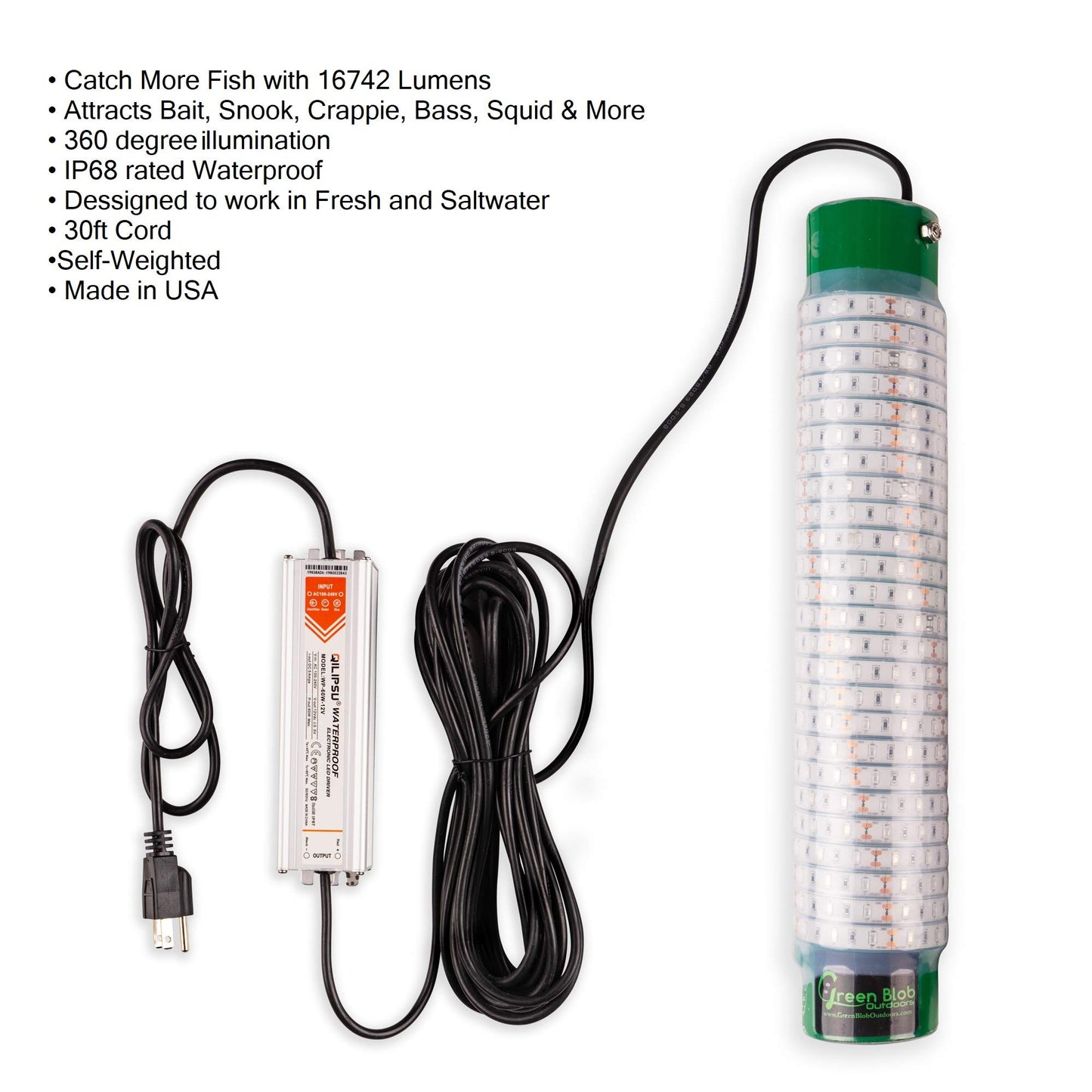 Green Blob Outdoors Underwater Fishing Lights, American Made, Docks and Boats, Brightest Fish Attractor for Snook, Bass, Crappie, Striper, Bait, Catfish and More (Green, 110V 15000 30ft)