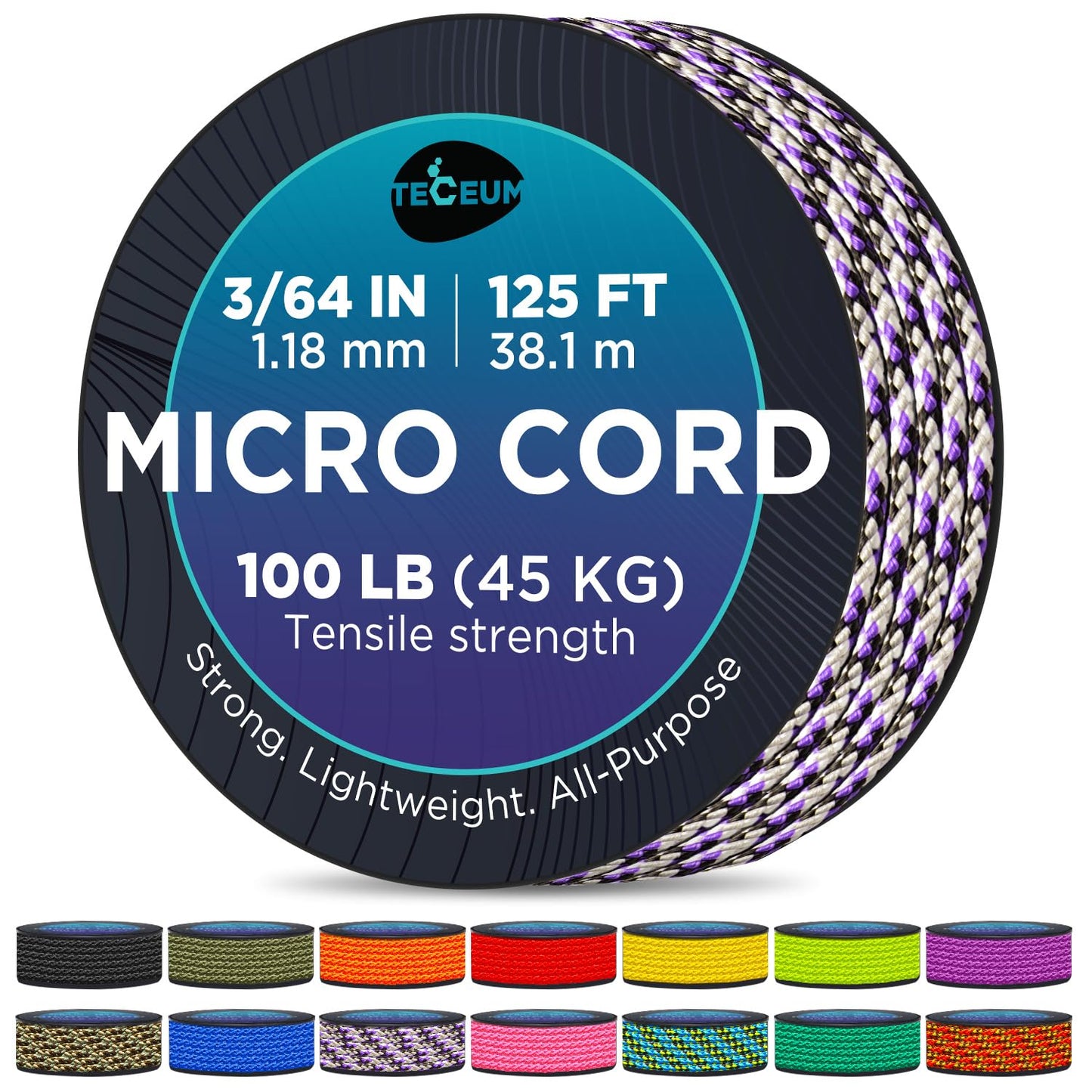 TECEUM Micro Paracord – Purple Snake – 1.18 mm x 125 ft – Micro Utility Cord – Thin Braided Paracord Rope Nylon Polyester – Wind Chime Replacement – Survival Strong String 026mc