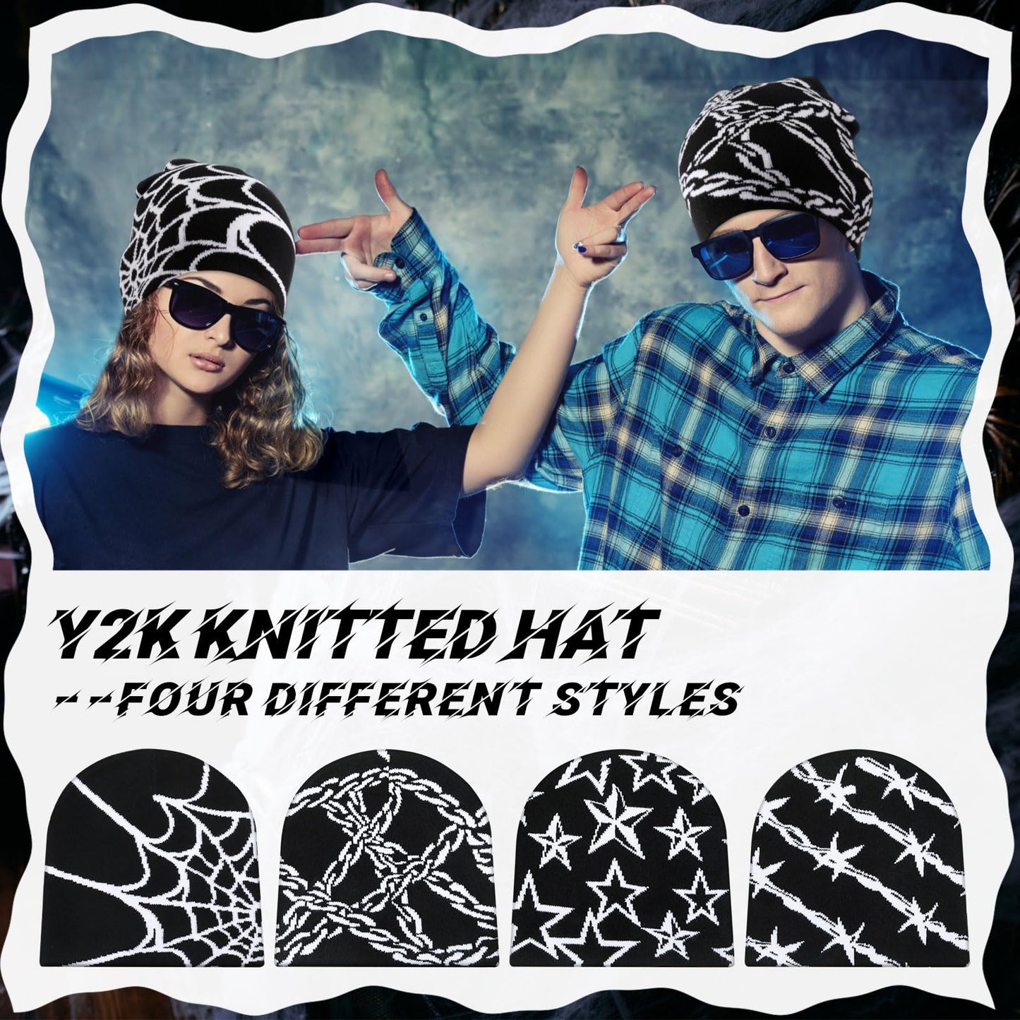 Ramede 4 Pcs Y2k Beanie - Double Sided Graphic Beanies for Men and Women, Acrylic Knitted Y2k Hats Accessories(Knitting,Diverse)