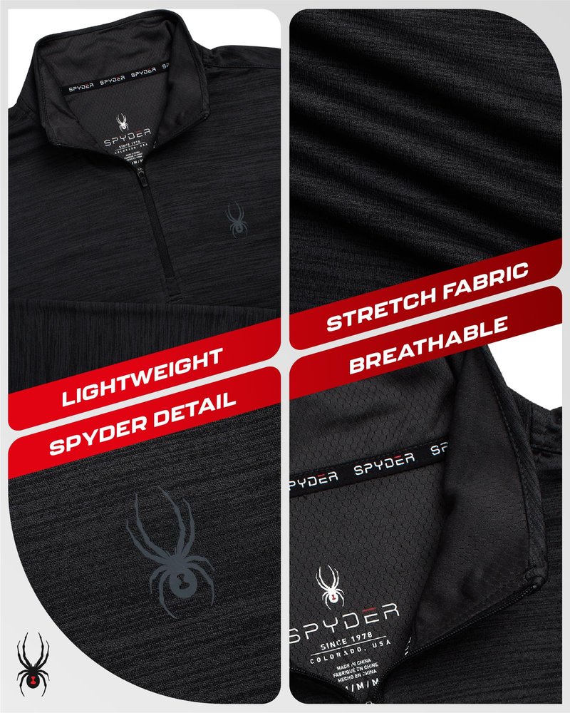 Spyder Mens Quarter Zip Pullover - Quick Dry Athletic Mens Long Sleeve Workout Shirts Lightweight Gym Golf Pullovers, Size Large, Heather Black