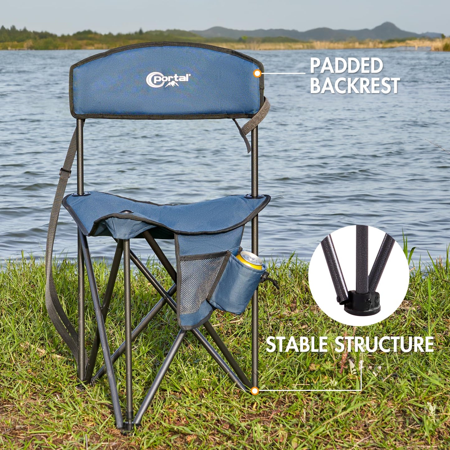 PORTAL Extra Large Quick Folding Tripod Stool with Backrest Fishing Camping Chair with Carry Strap, Blue