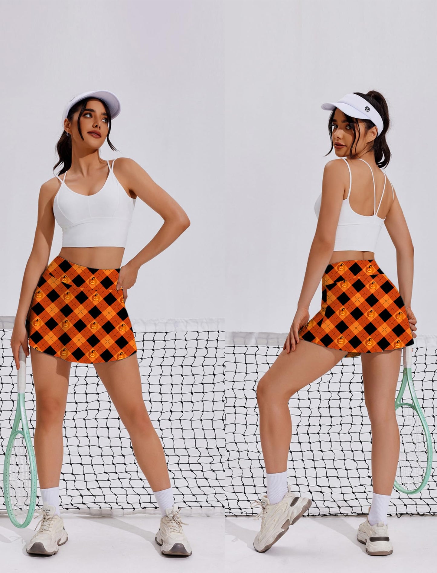 PINSPARK Athletic Skirt Skorts 14 Inch Tennis Skirts Tummy Control Golf Skirt with Pocket Yk2 Mini Skirt Activewar,Orange Print X-Small