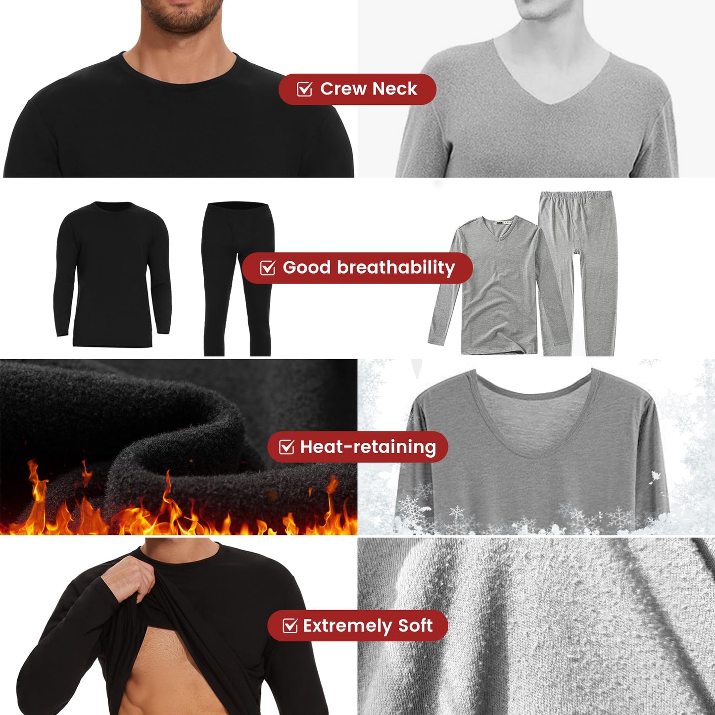 OBFUN Thermal Underwear for Men Long Johns Set - Fleece Lined Base Layer for Cold Weather Winter Clothes Black Large