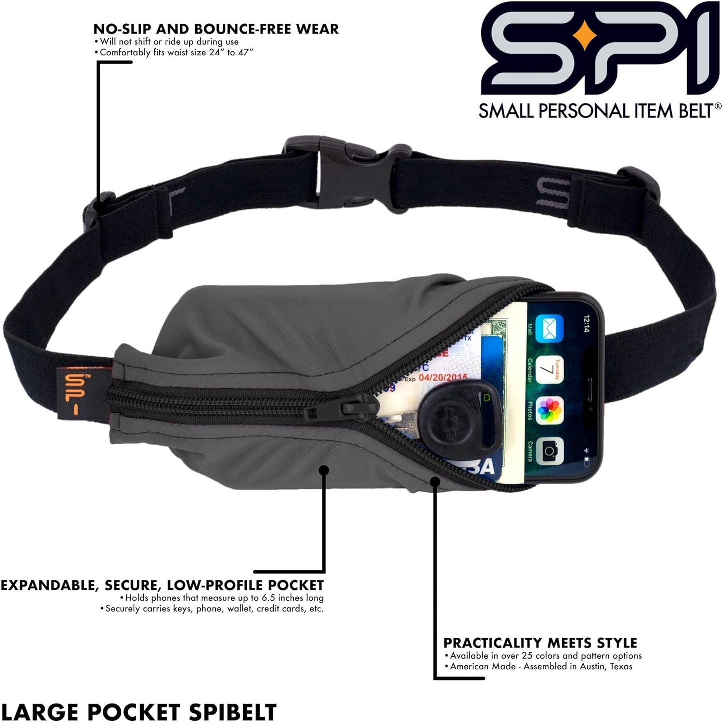 SPIbelt Running Belt - Adjustable Phone Holder for Running | Black with Black Zipper, Fits All Phones