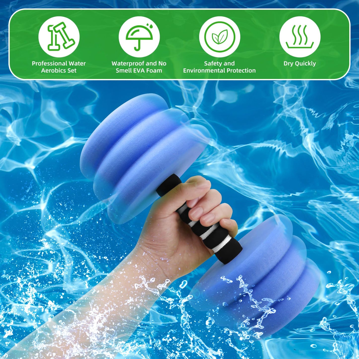 Water Aerobics Set for Aquatic Exercise, Pool Fitness Equipment Foam Water Dumbbell Set, New Upgrade Aquatic Dumbbells and Foam Swim Aquatic Cuffs, Water Workout Fitness Tool, Green