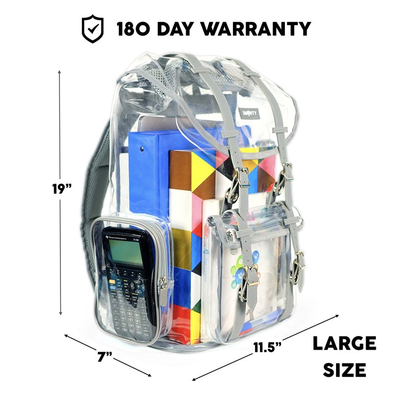 SMARTY Heavy Duty Clear Backpack V2 Durable Transparent See Through Bag (Gray, Large Rucksack)