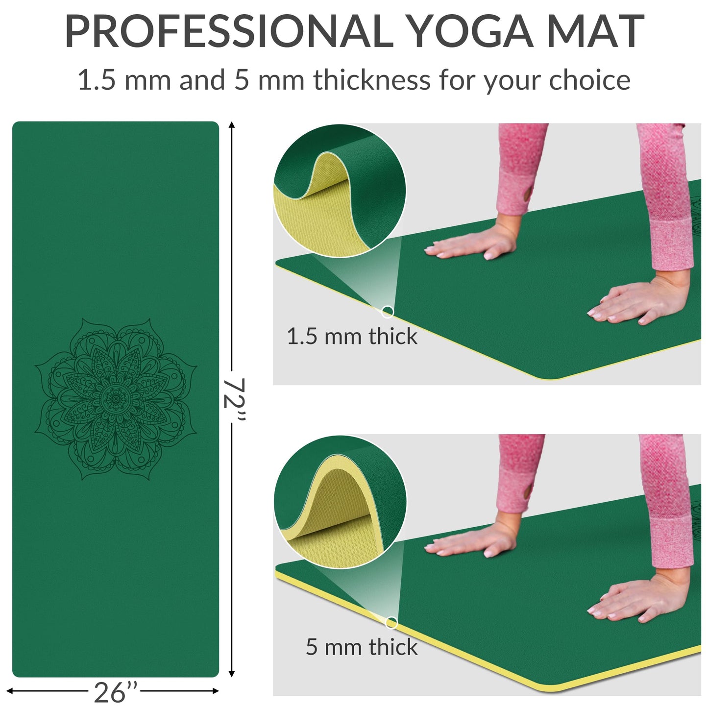 Cifupy Yoga Mat PU Travel Yoga Mat, Non Slip Exercise Mat with Carry Bag, All-Purpose Fitness Mat with High Density Anti-Tear Surface for Women, Ideal for Pilates Workout (72'' x 26'' x 1.5/5mm Thick)