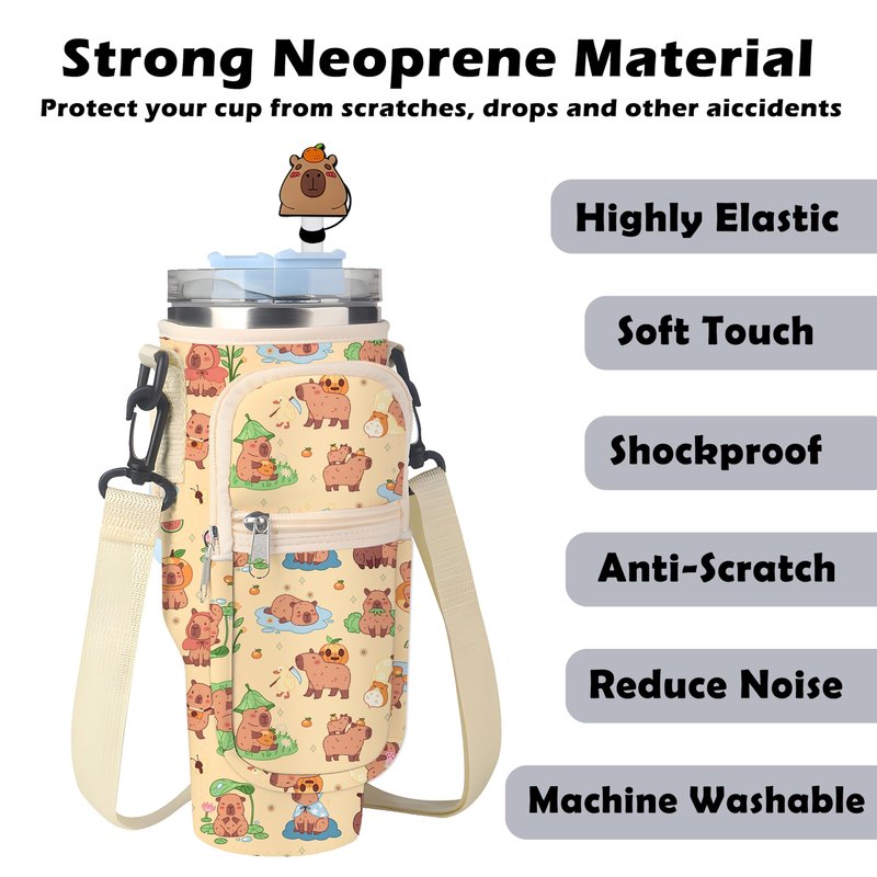 Denlei Capybara Print Stanley Cup Bag, Cup Holder for Stanley 40oz Tumbler with Handle, Stanley Carrier Bag with 4Pcs Capybara Straw Toppers for Stanley Cup Accessories