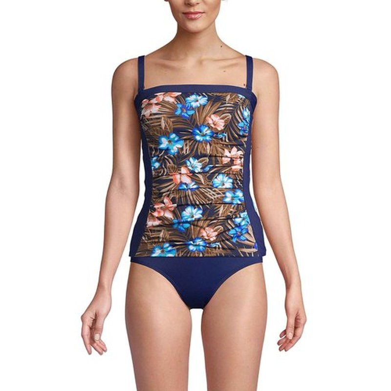 Lands' End Womens Chlorine Resistant Bandeau Tankini Top Deep Sea Navy Tropic Palm Regular 4