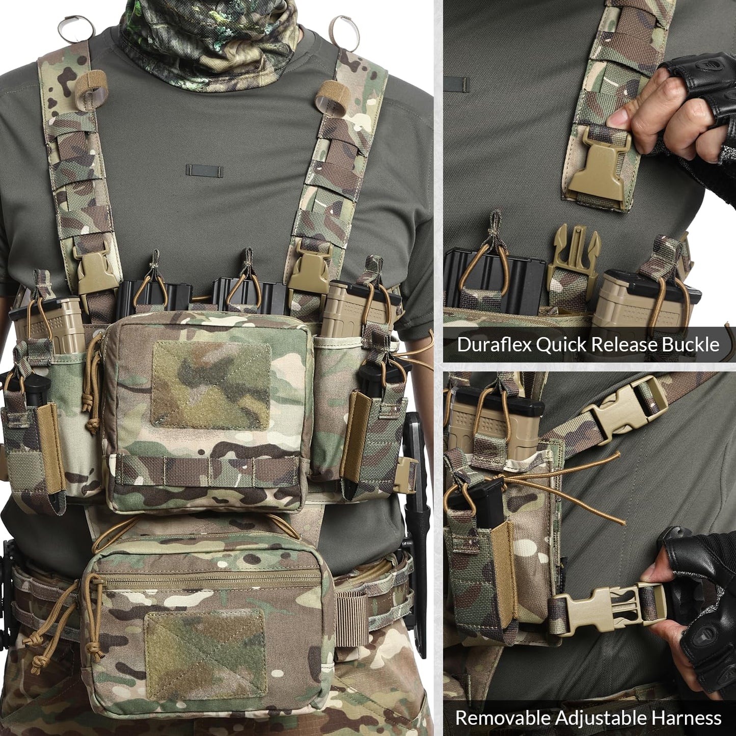 VOTAGOO GEAR Chest Rig-Tactical Chest Rig, Adjustable & Detachable Molle Micro Chest Rigs, with 5.56/7.62 Magazine Pouch, Pistol Pouch