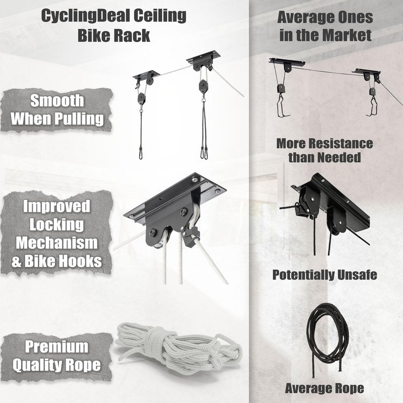 CyclingDeal Ceiling-Mounted Bike Hoist Rack - Secure Bike Storage Ceiling Bike Hangers for Garage - Safe & Easy Lifting for Garage Bicycle Hanger Bike Storage Rack - Premium Rope & Bike Hooks