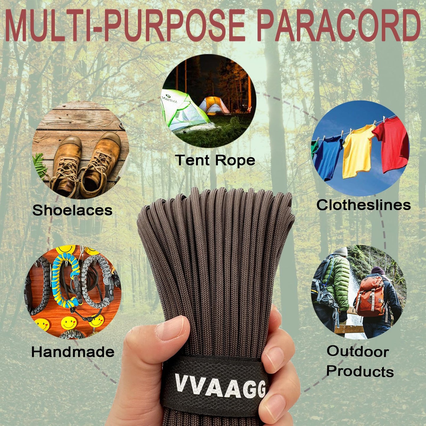 VVAAGG 550 Paracord 100FT 4mm Durable Camping Rope, Tent Rope, Clothsline Rope, Marine Weatherproof Rope, Nylon Parachute Cord Rope (Coffee)