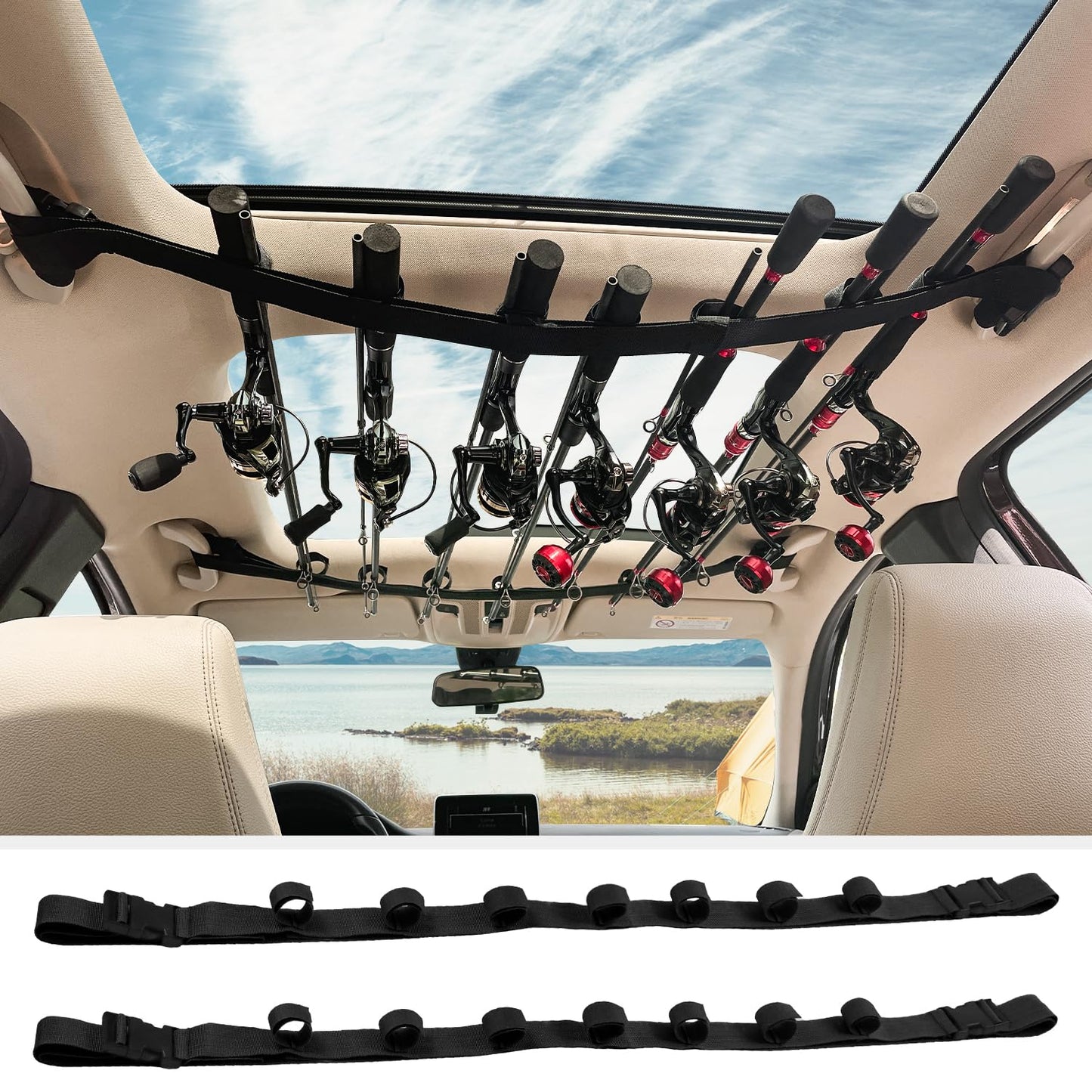 PSKOOK Vehicle Fishing Rod Holder, Car Fishing Pole Roof Rack Inside, 7 Rod Capacity,Heavy-Duty Nylon, Tool-Free Install,Black