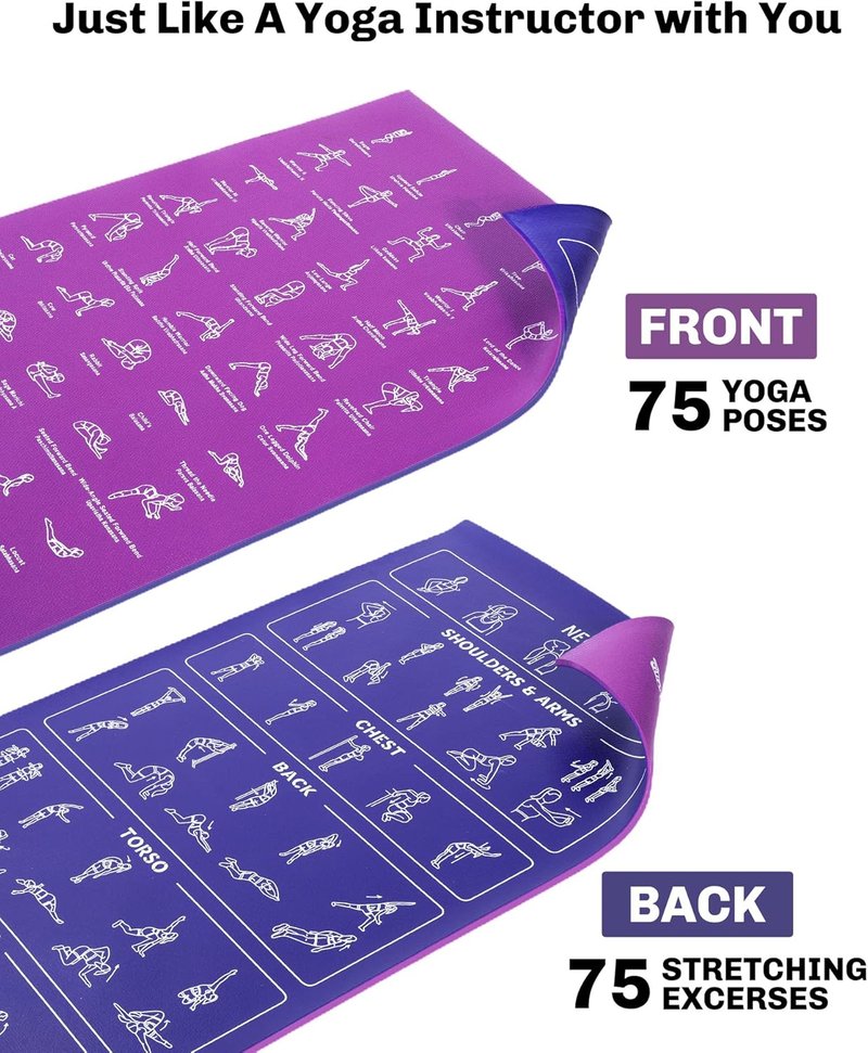 Travel Yoga Mat with 75 Asanas Poses & Exercises - Lightweight Home Workout Mat | Includes Carrying Bag, 68"x24"x0.25"