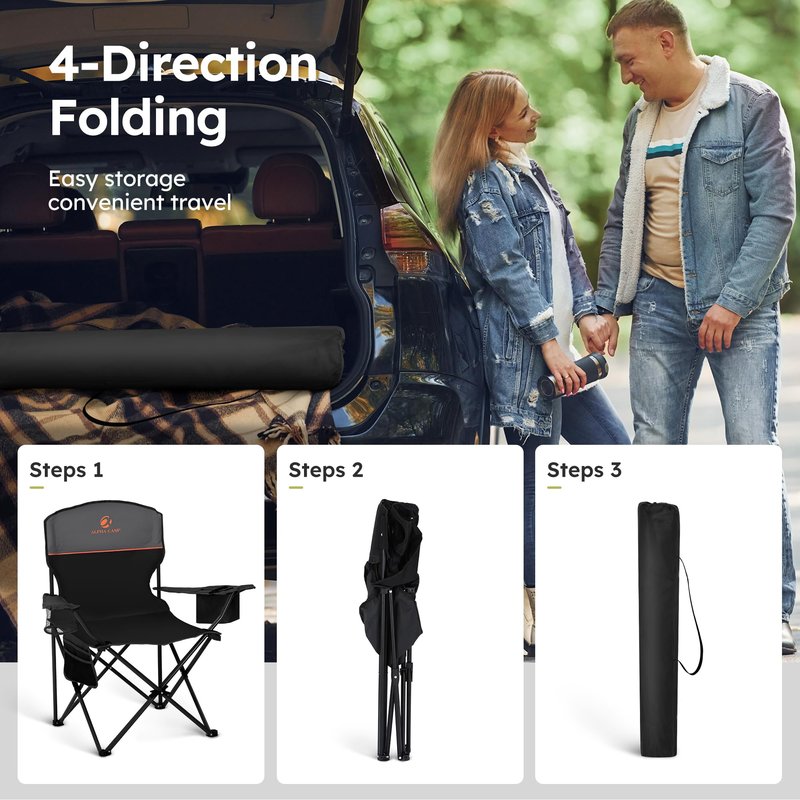 ALPHA CAMP Camping Chairs 250LBS Capacity, Heavy Duty Folding Chair with 4-Can Cooler Bag, Portable Outdoor Chair with Cup Holder for Adults, Collapsible for Tailgating, Beach, Fishing,Black,2PC