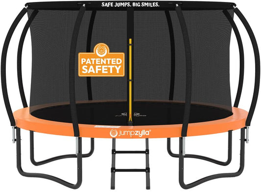 JUMPZYLLA Trampoline Outdoor 8FT 10FT 12FT 14FT 15FT 16FT with Enclosure and Ladder, ASTM Approved Recreational Trampoline for Kids and Adults, Anti-Rust Coated Frame (Orange, 8FT)
