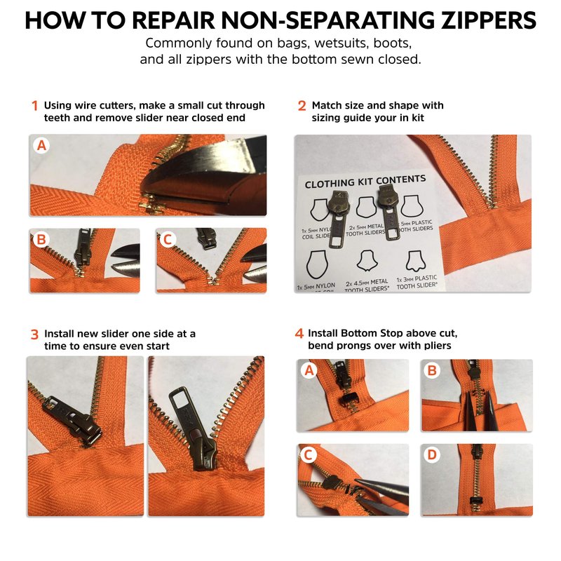 Zipper Rescue Marine Zipper Repair Kit - The Original Zipper Pull Replacement kit for Wetsuits, Boating, Surf Gear - Included 5 Sliders, 3 Bottom Stops, 3 Top Stops - Made in America Since 1993