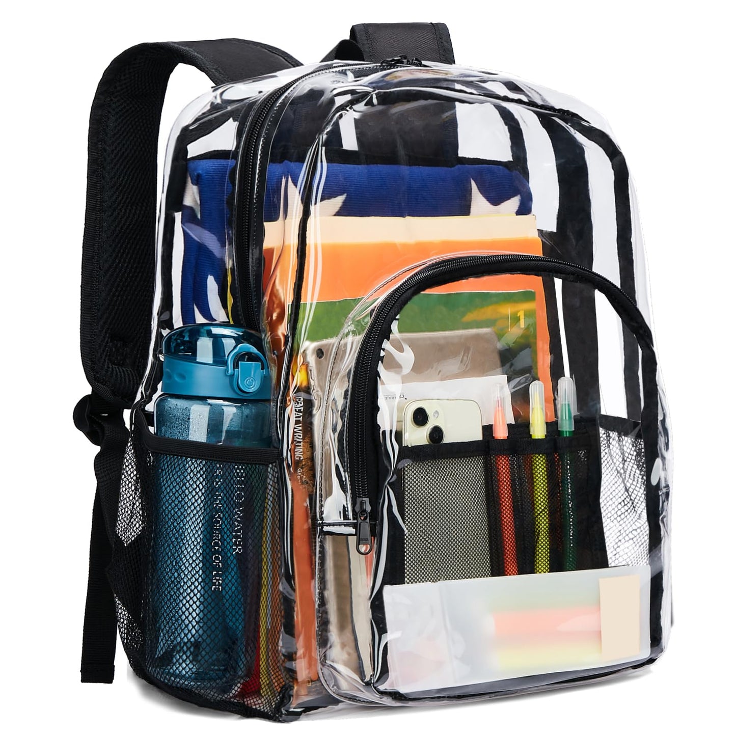Vorspack Clear Backpack Heavy Duty - Extra Large Transparent Bookbag with Reinforced Strap PVC See Through Backpacks for College Workplace Travel - Black