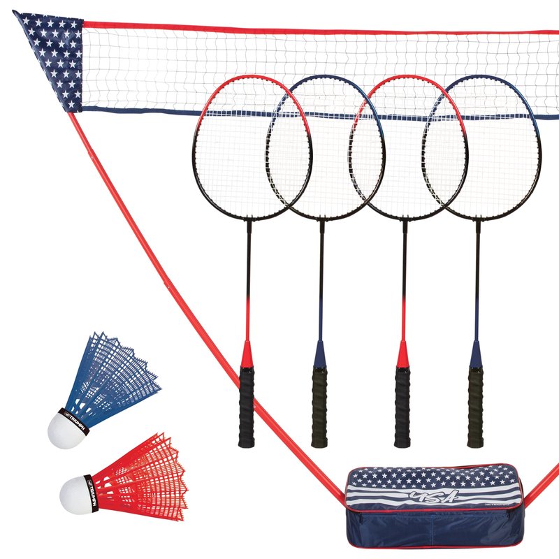 Triumph Patriotic Portable Badminton Set with Freestanding Net, 4 Rackets, 2 Shuttlecocks, and Carry Case – All-in-One Outdoor Game for Backyard, Beach, Camping, and Family Fun