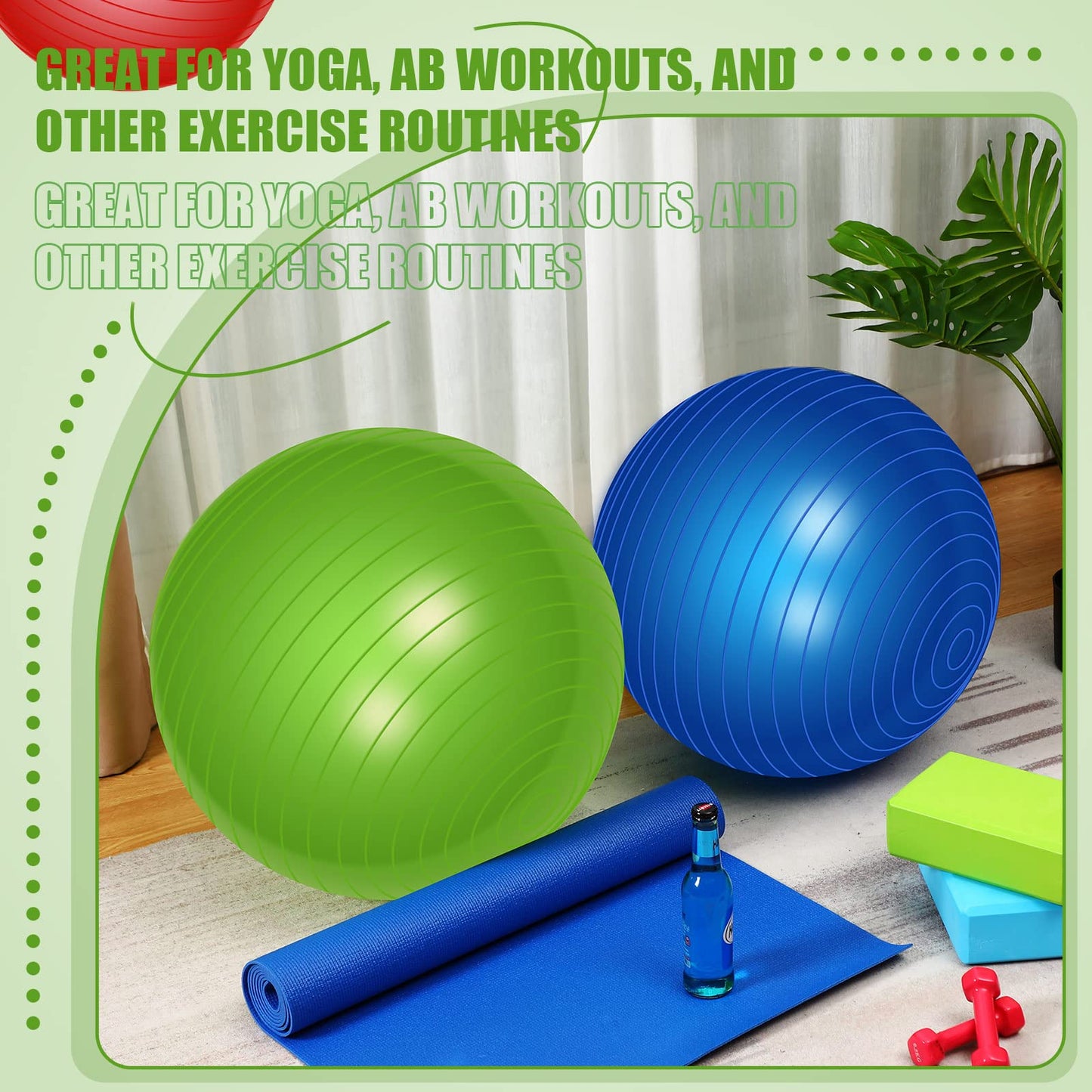 Leyndo 2 Pcs Yoga Ball Bulk Large 26 Inch Exercise Ball Anti Burst Birthing Ball Fitness Ball with Quick Pump, 26 Inches/ 65 cm for Improved Posture, Balance, Yoga, Pilates, Training (Green, Blue)