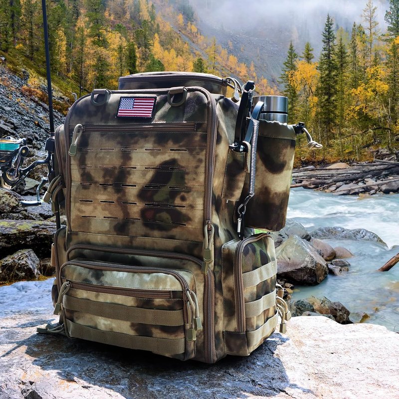 Fishing Tackle Backpack - Waterproof 45L Gear Bag with Rod Holders | Large Sahara Khaki Camo