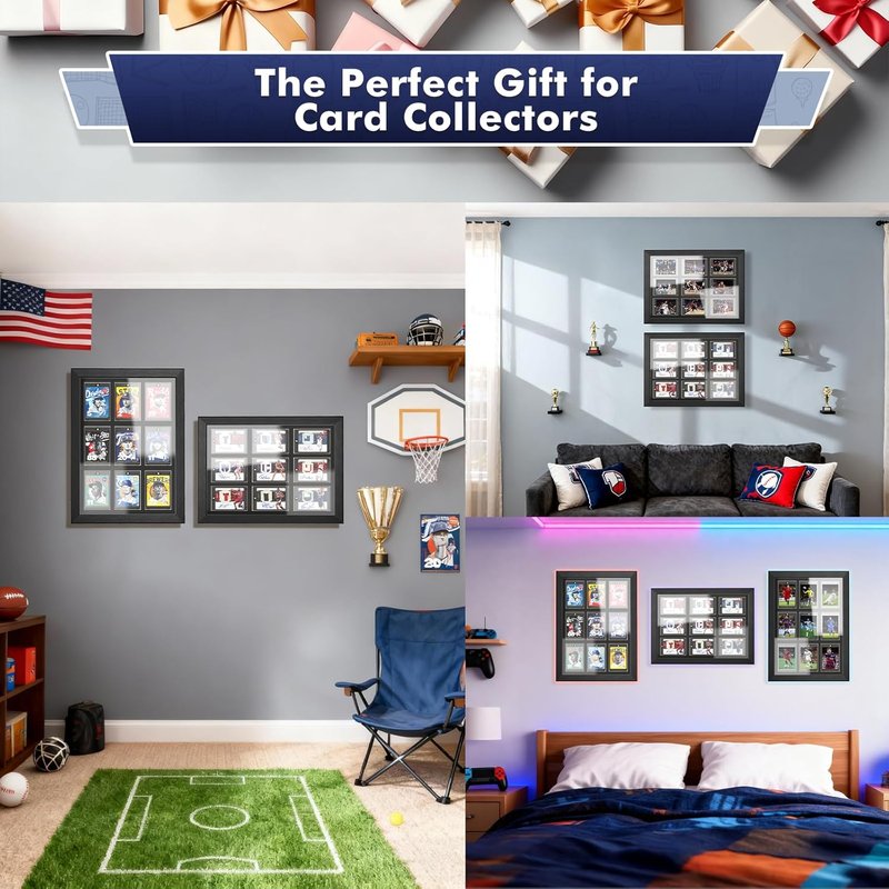Trading Card Display Case - Wall Mount for 9 Standard Cards | UV Protection Magnetic Holder for Baseball, Football, Basketball, Hockey
