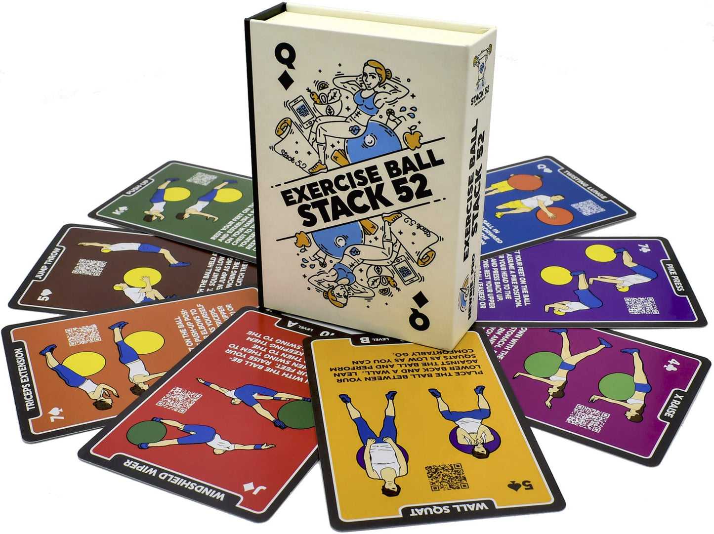 Stack 52 Exercise Ball Fitness Cards. Swiss Ball Workout Playing Card Game. Video Instructions Included. Bodyweight Training Program for Balance and Stability Balls. (2019 Updated Deck)